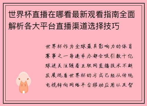 世界杯直播在哪看最新观看指南全面解析各大平台直播渠道选择技巧